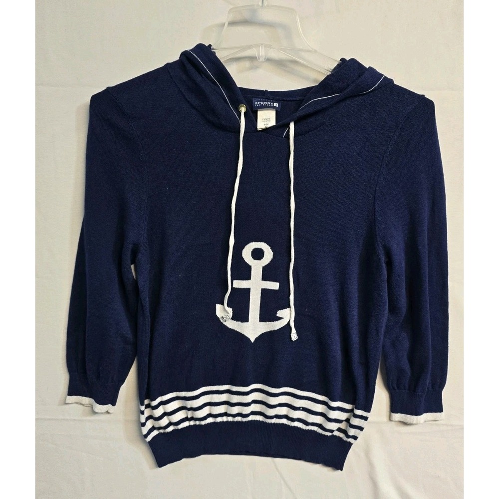 Sperry Anchors Away Hooded Sweater 3/4 Sleeve M  Knit Nautical Hoodie Navy